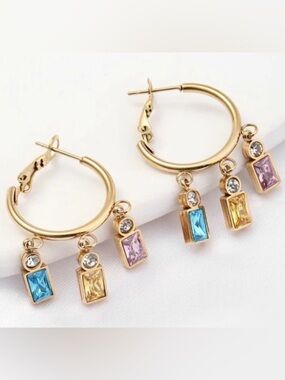 Gold Hoop Earrings with Multicolor Charms